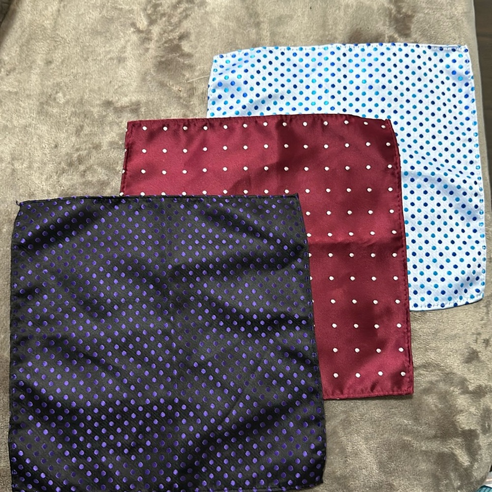 Three Men’s Pocket Square. Blue, Red, and Purple. With Polka Dots. 100% silk